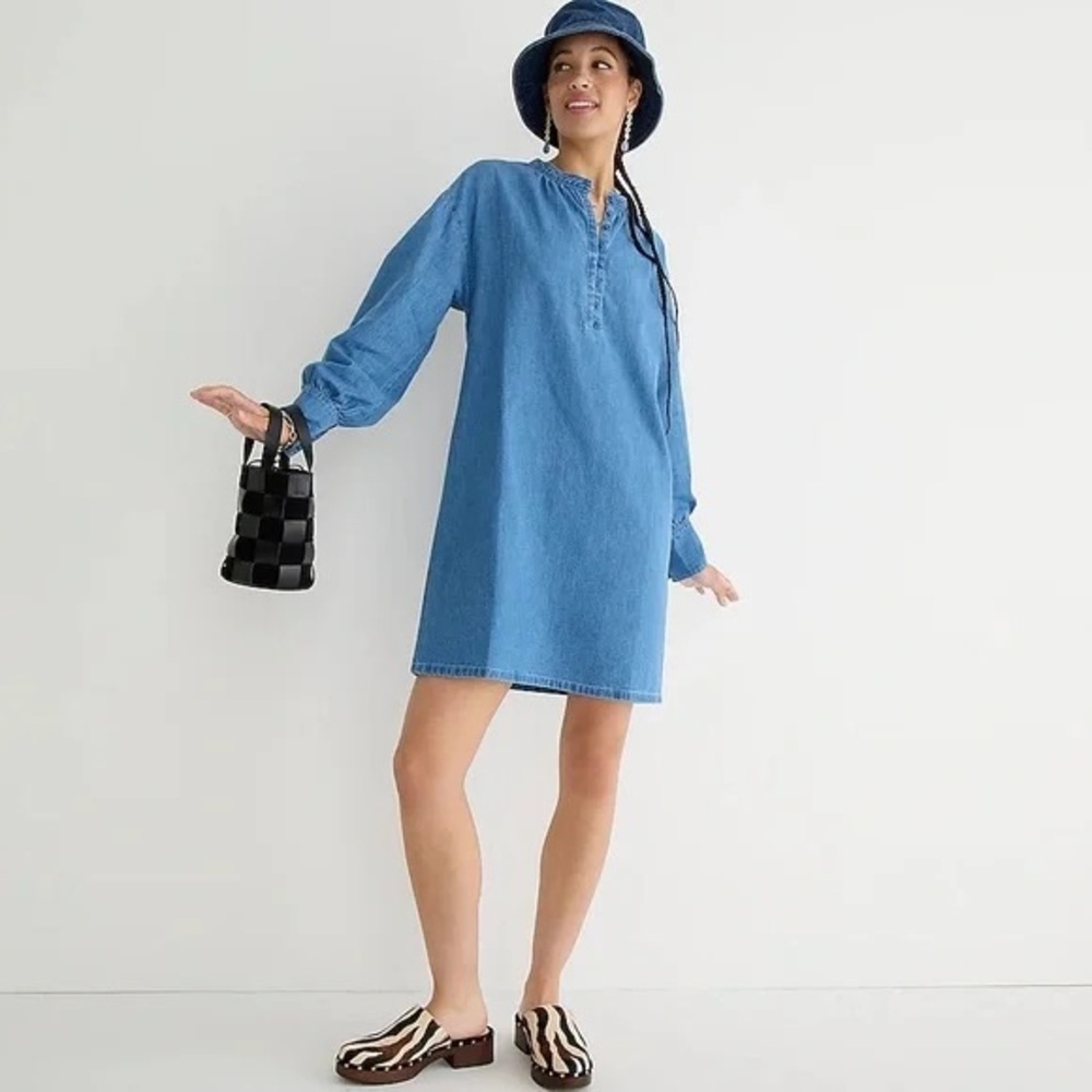 J. Crew Indigo Button Up Shift Dress Chambray Denim Womens Medium Classic Blue